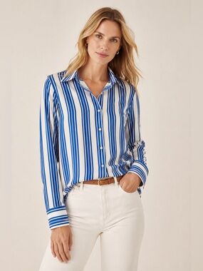 Boden Blue & White Striped Button Front Blouse Size US 14 EUC